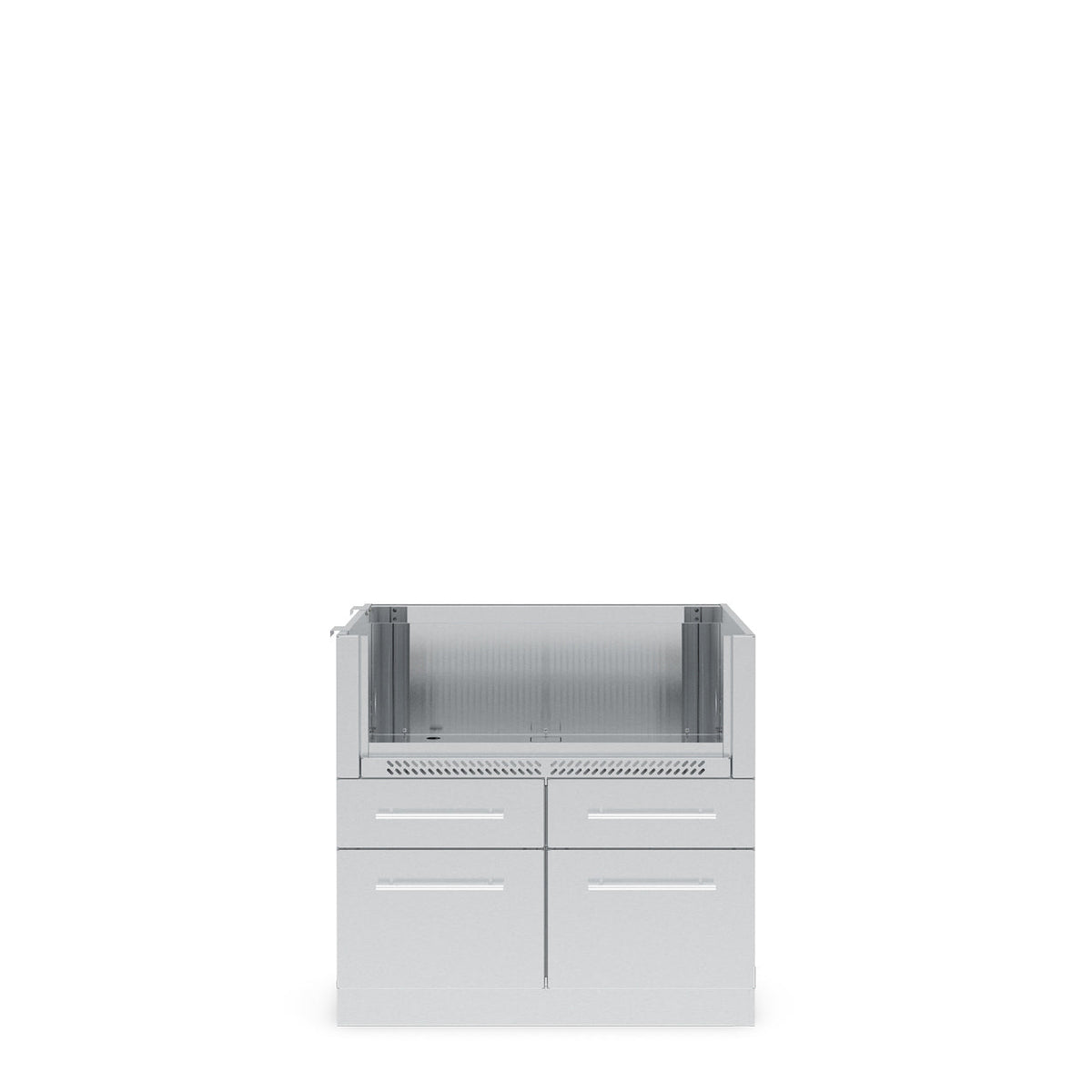 Four-burner stainless steel grill cabinet with drawers and doors