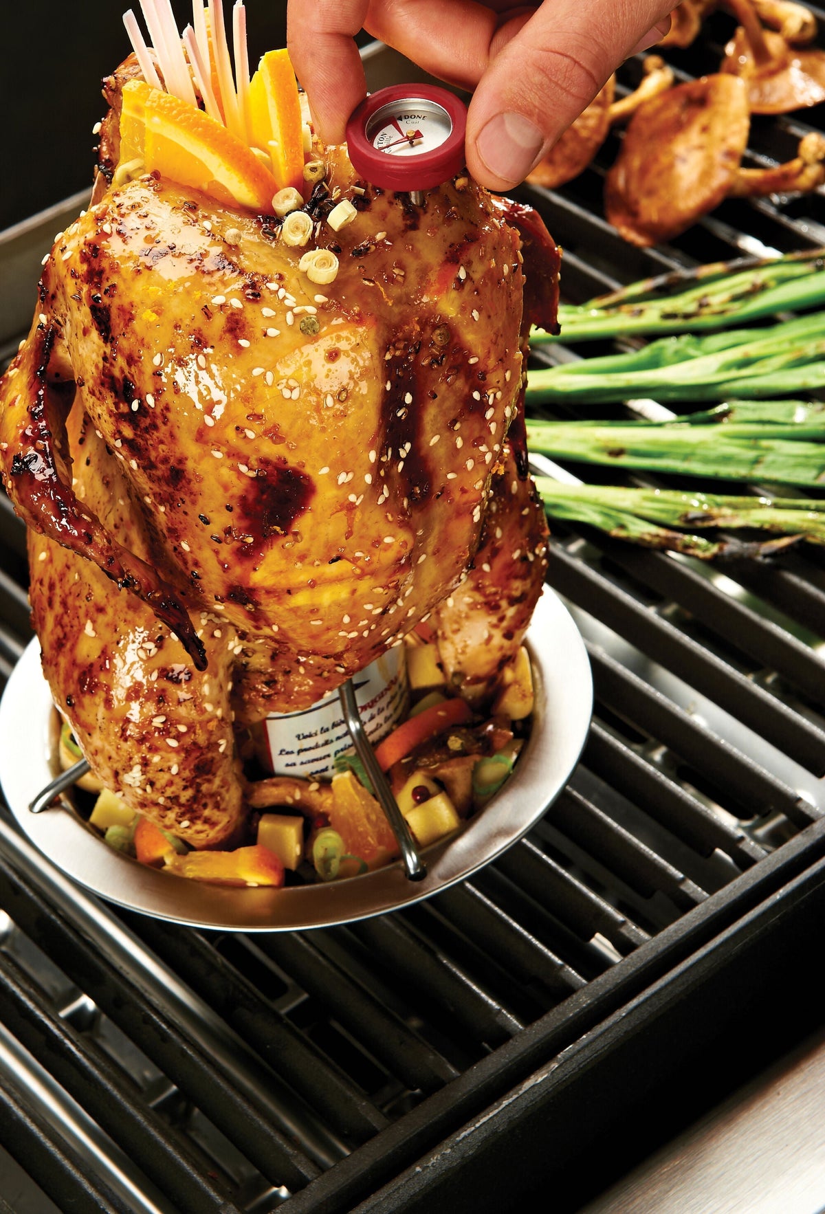 Chicken roasting upright over a pan on the grill