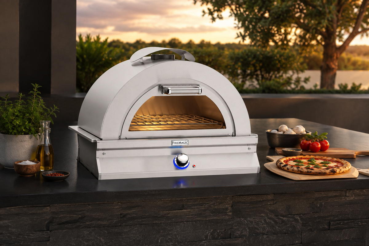 Aurora 30″ Built-In Gas Pizza Oven in a clean outdoor-kitchen context