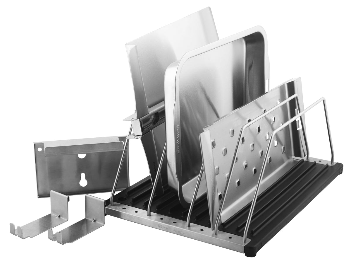 Cabinet organizer holding separate cooking grids and pans