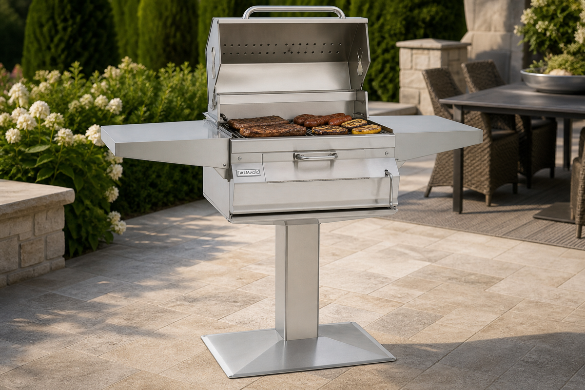 Fire Magic 24″ Patio Post-Mount Charcoal Grill in an outdoor cooking setting