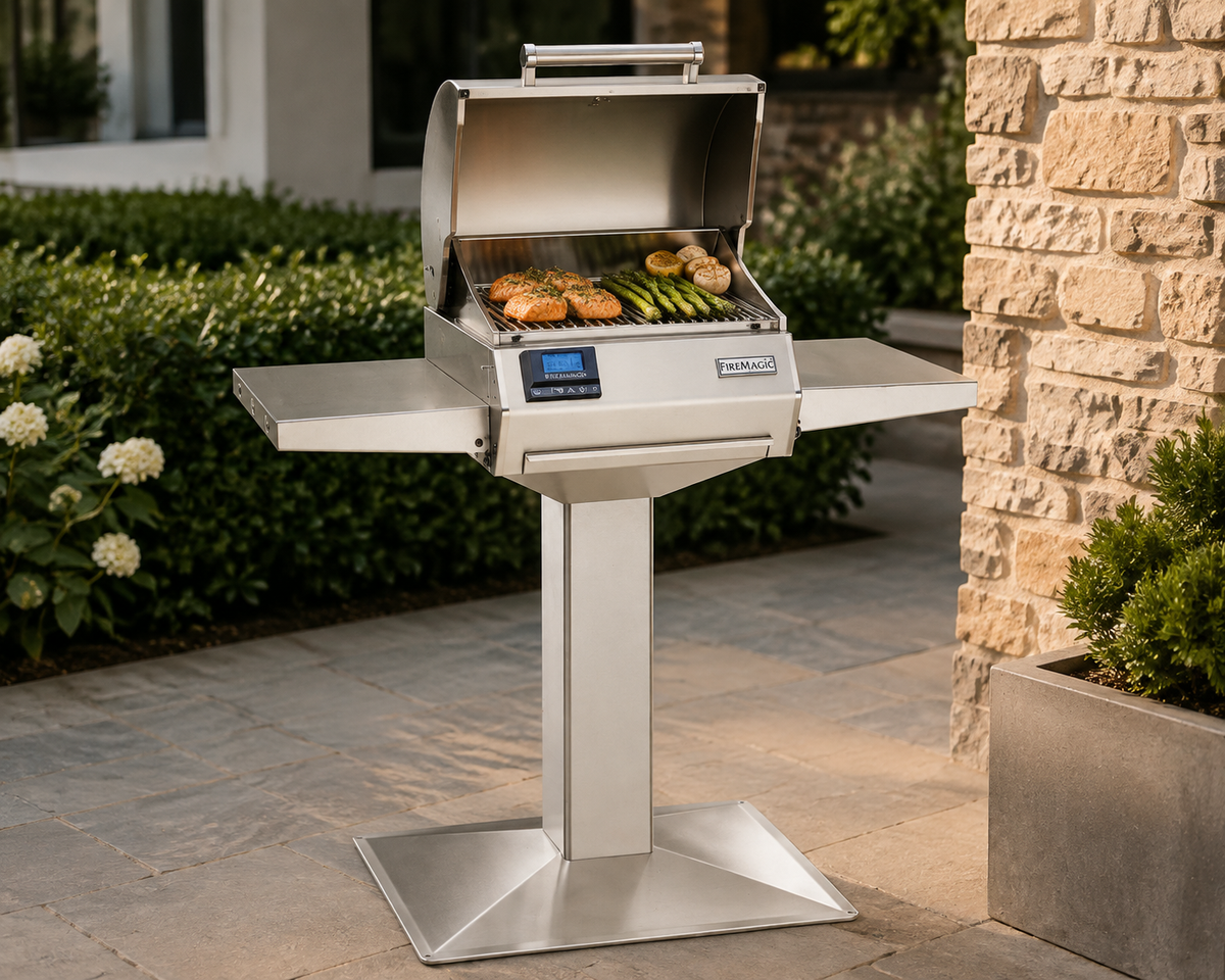 E251 16″ Patio Post-Mount Electric Grill in an outdoor cooking setting