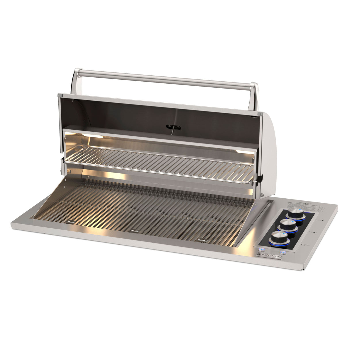 E540d drop-in grill with hood open