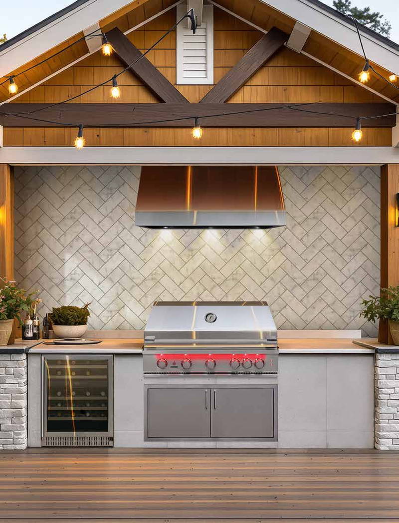 TrueFlame vent hood shown in an outdoor kitchen — representative manufacturer installation; model sizes and surrounding products vary