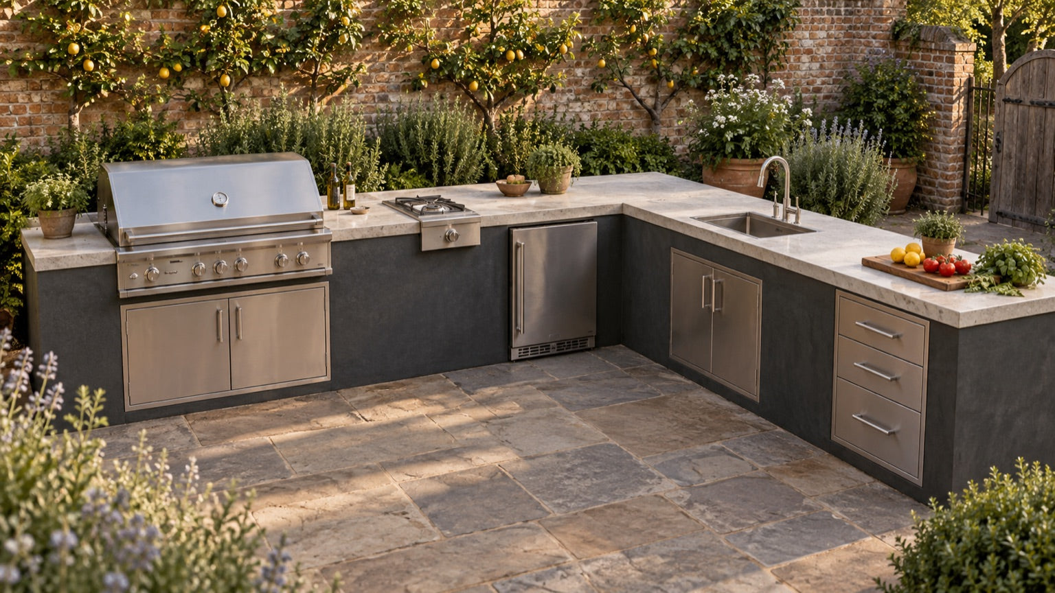 L-shaped garden cooking island with a grill, separate burner, refrigerator and a sink over its own door-front cabinet