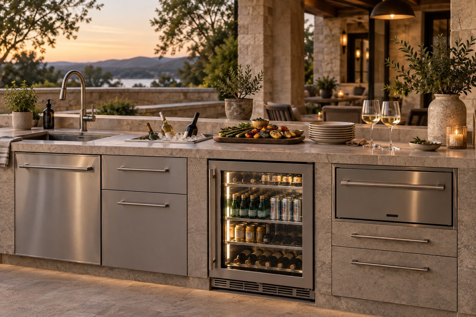 Outdoor serving counter with a sink, recessed ice well, glass-front beverage refrigerator and warming drawer