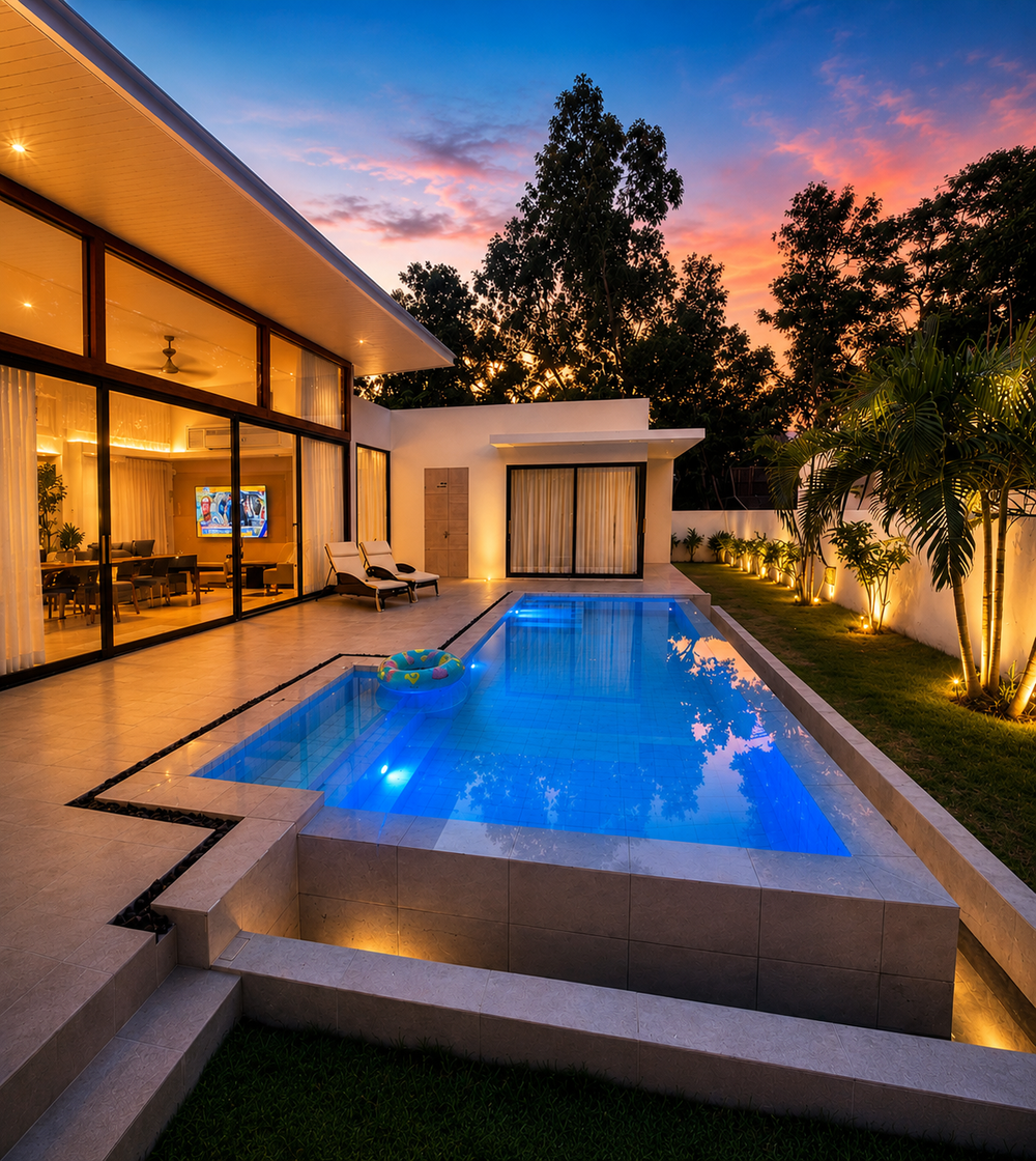 Villa with pool and garden at sunset