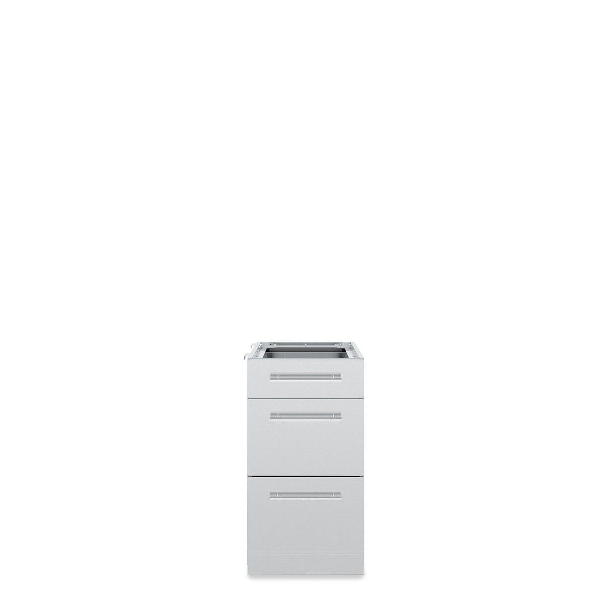 Three stacked drawers in a stainless steel cabinet