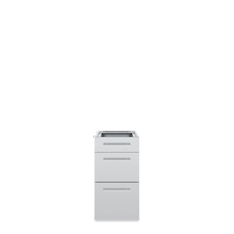 Three stacked drawers in a stainless steel cabinet