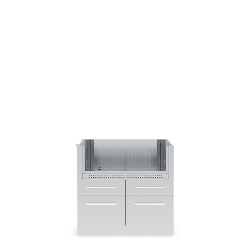 Four-burner stainless steel grill cabinet with drawers and doors