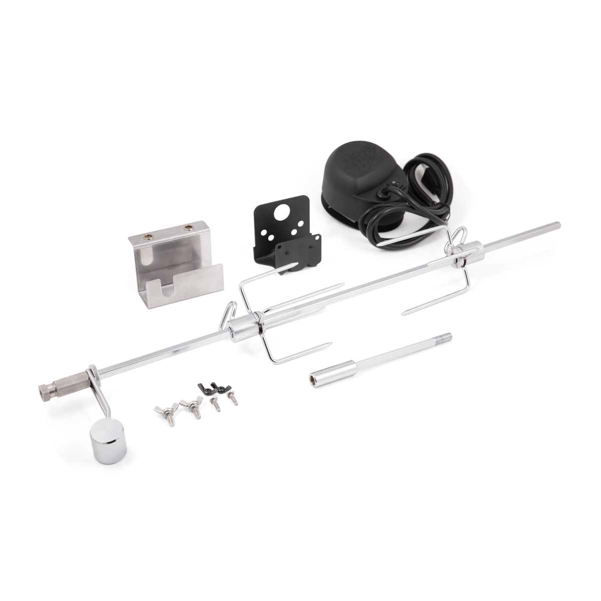 Pellet-grill rotisserie motor, spit, forks, and mounting hardware