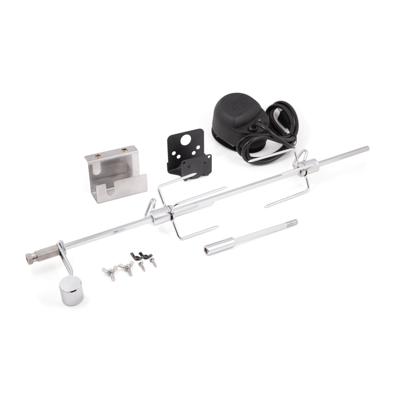 Pellet-grill rotisserie motor, spit, forks, and mounting hardware