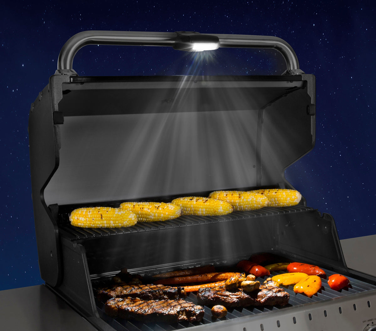 Grill light illuminating steak and vegetables at night