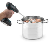 Drill-mounted meat shredder being used in a separate cooking pot