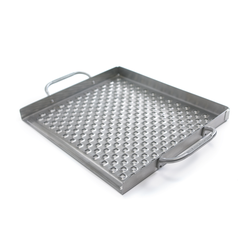 Flat perforated stainless steel grill topper with handles