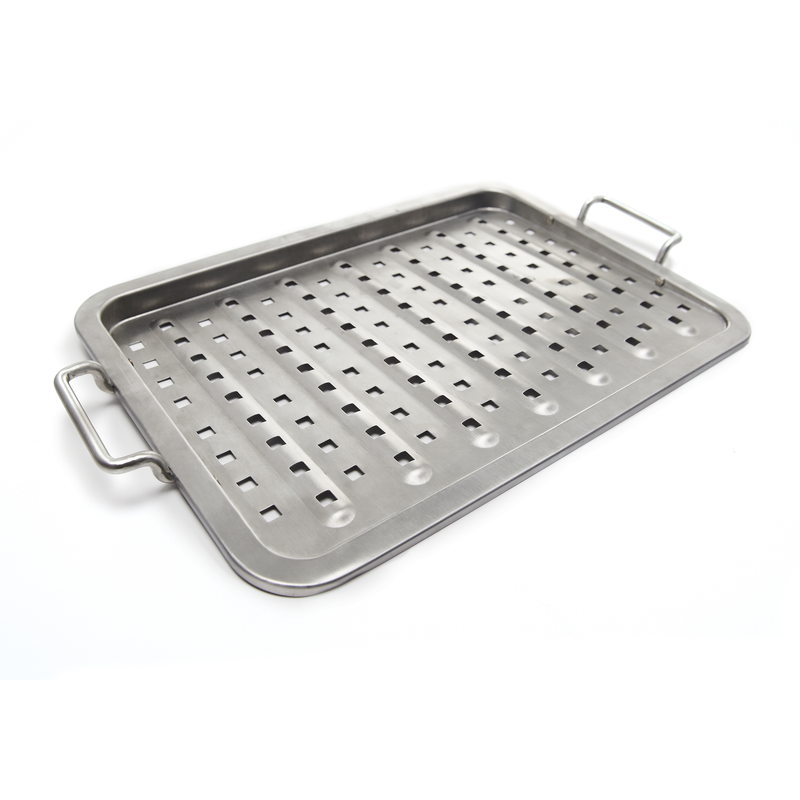 Perforated stainless steel grill topper with two handles