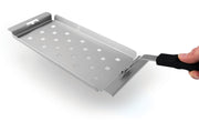 Grid lifter holding an empty narrow stainless steel topper