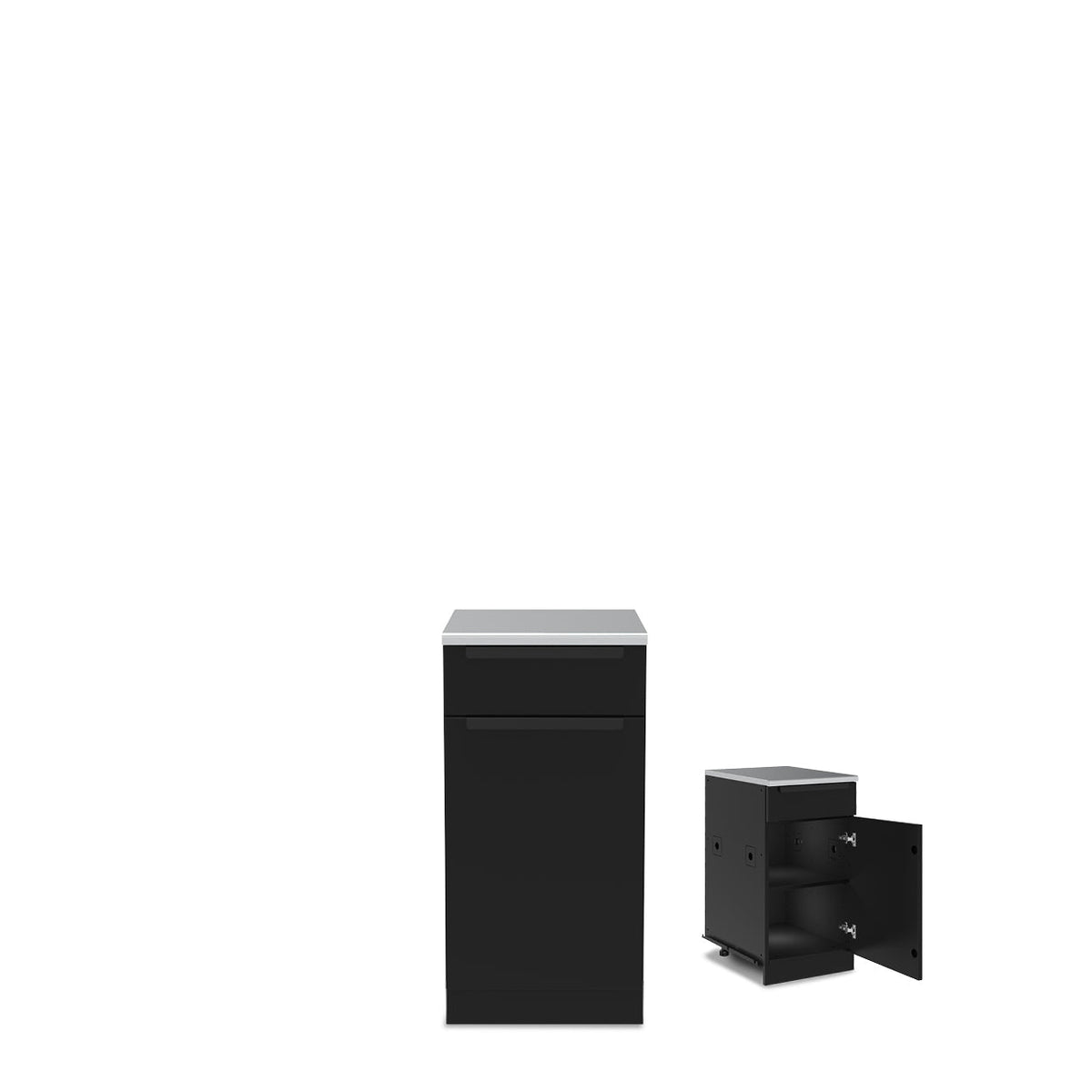 Black Baron cabinet shown closed and with its door open