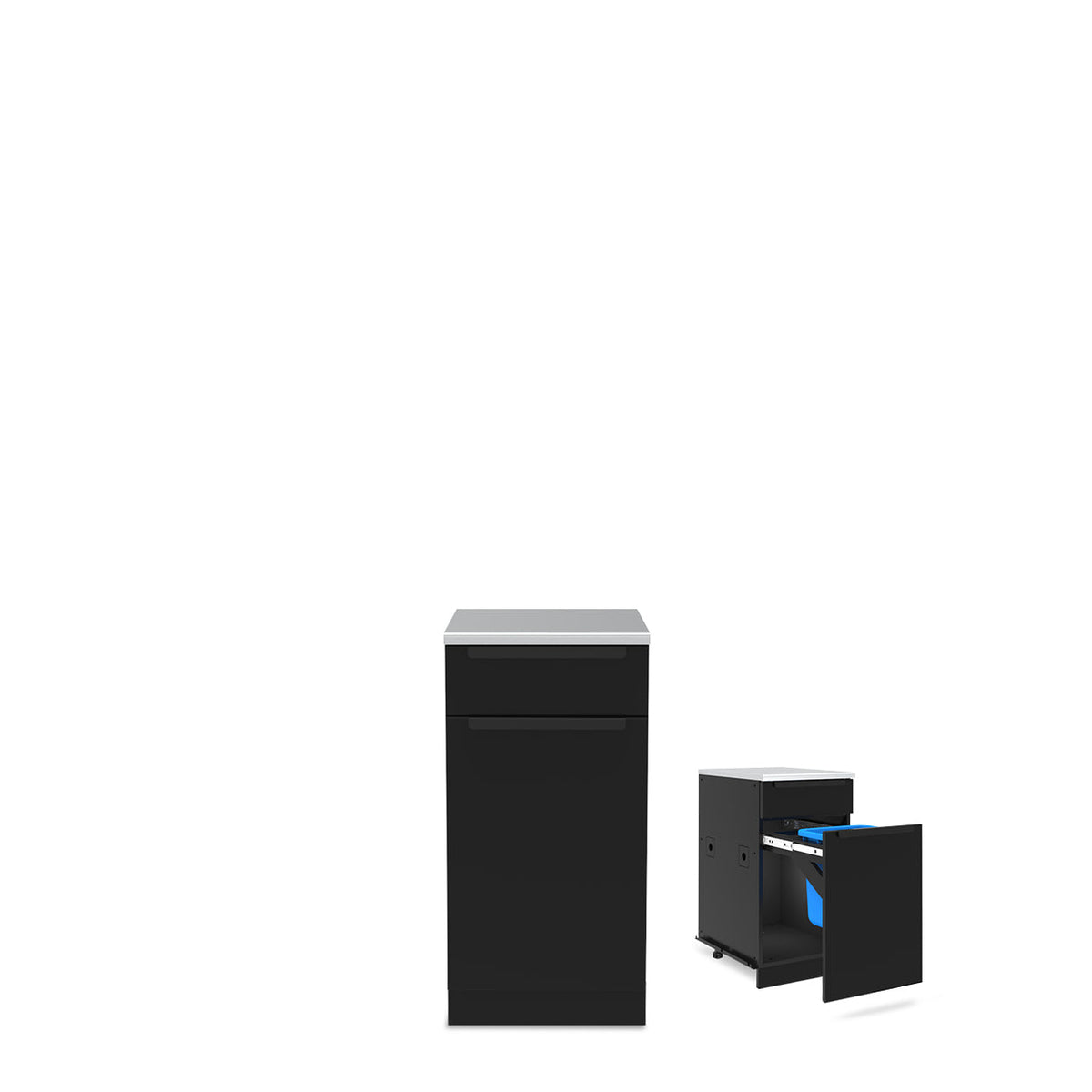 Black Baron waste-organizer cabinet shown closed and with bins extended