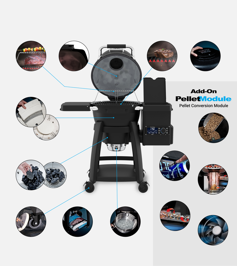 Keg pellet conversion module shown fitted to a compatible Keg Kamado grill; grill sold separately