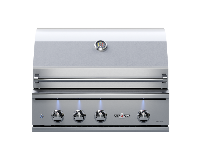 Delta Heat 32-inch rotisserie-equipped grill, representative stainless control-panel view