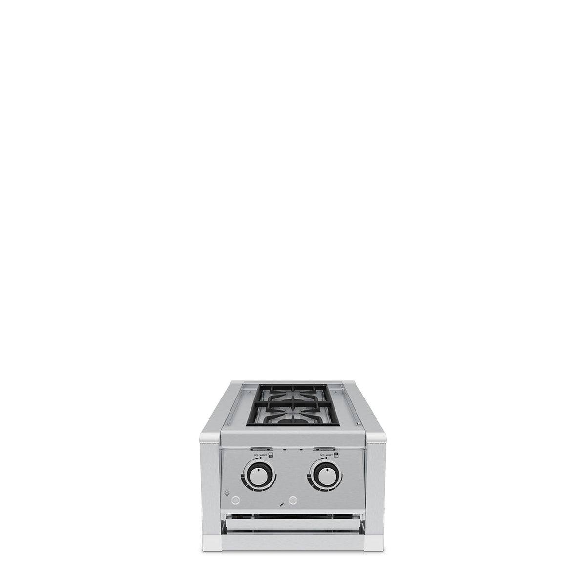 Two-burner range burner with its lid open