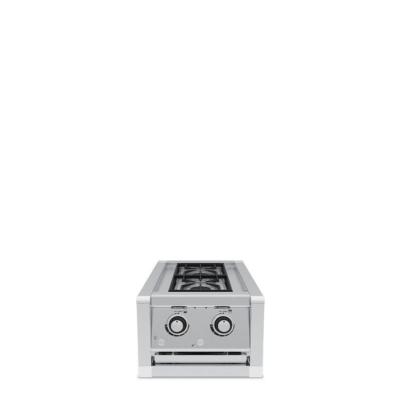 Two-burner range burner with its lid open