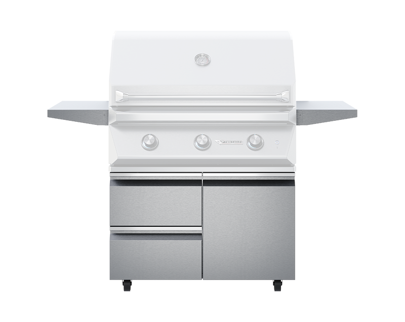 Twin Eagles 36-inch grill base with storage drawers and door, shown with separately sold grill
