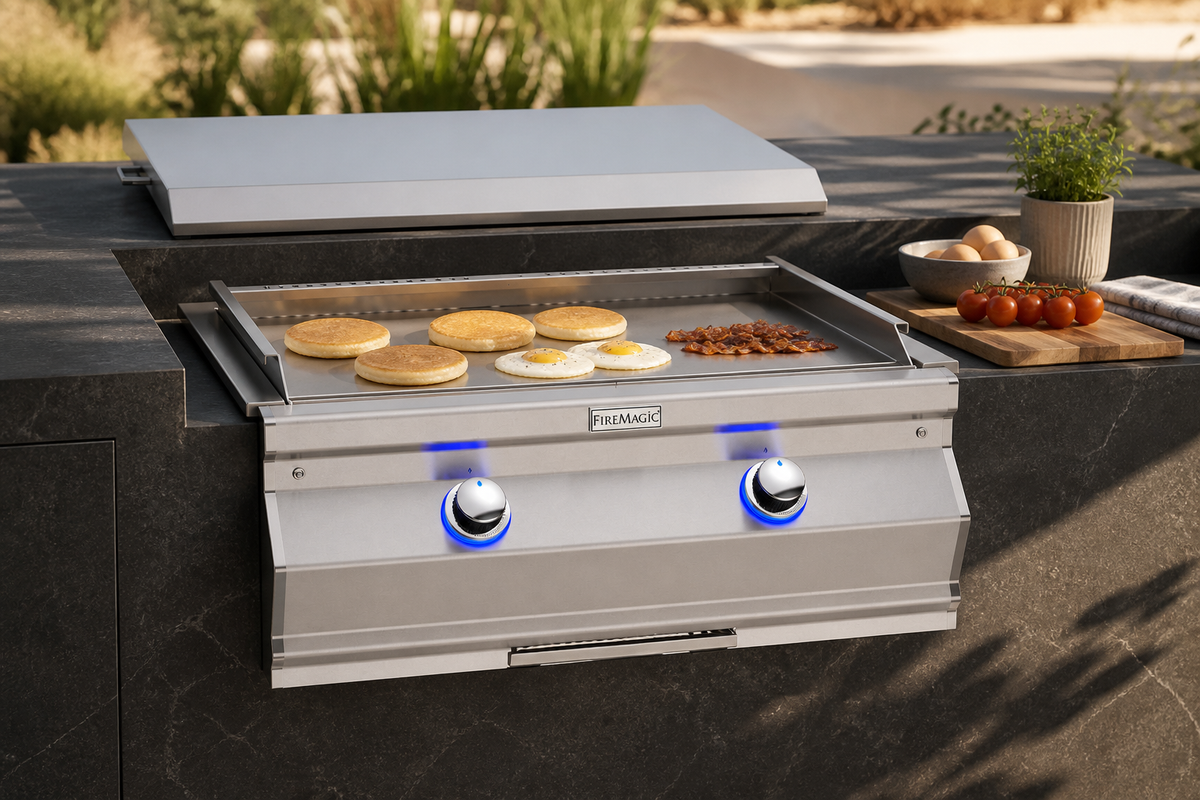 Aurora 30″ Built-In Gas Griddle in a clean outdoor-kitchen context