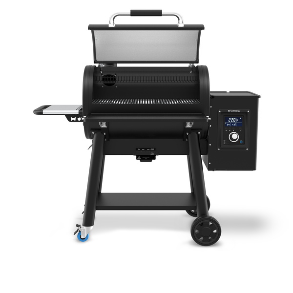 Regal Pellet 500 Pro with its lid raised and pellet hopper at the right