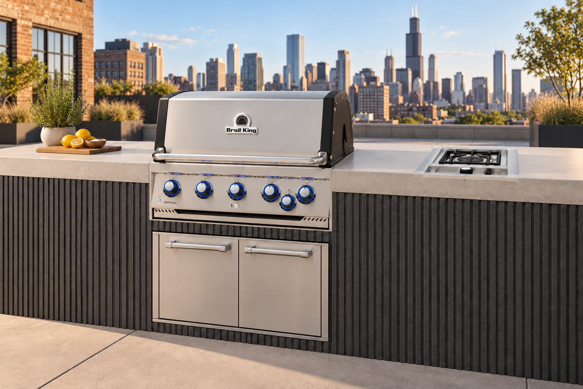 Broil King Imperial built-in grill and inset side burner in a continuous outdoor kitchen on an open-air urban rooftop terrace