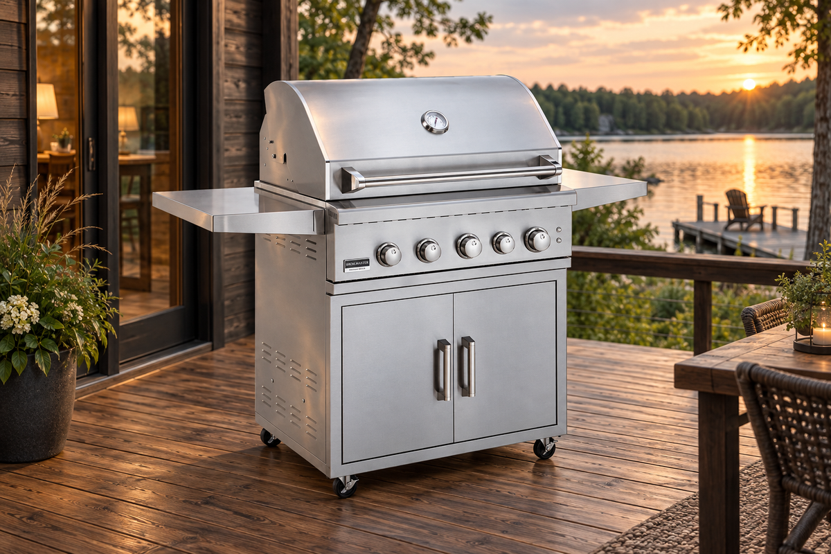 Broilmaster stainless-steel gas grill on a cart on an open lakeside timber terrace