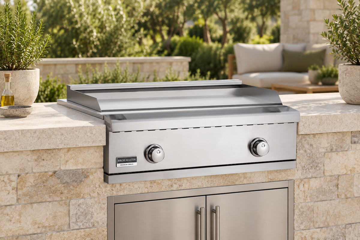 Broilmaster BSB322G griddle in a stone outdoor kitchen