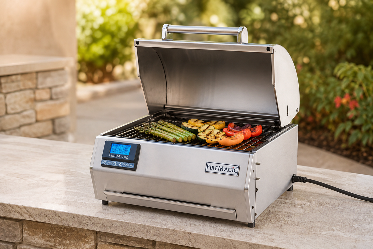 E251 16″ Tabletop Electric Grill in an outdoor cooking setting