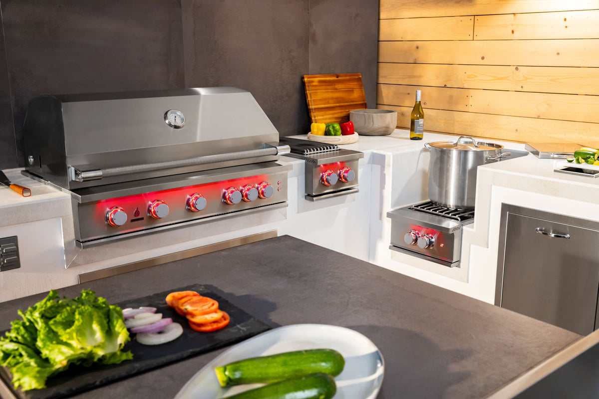 TrueFlame Power Burner shown in an outdoor kitchen; surrounding products sold separately