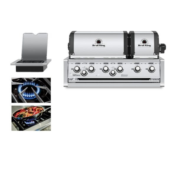 Imperial S 690 built-in grill with its large lid raised, smaller lid closed, and separate side-burner assembly pictured alongside
