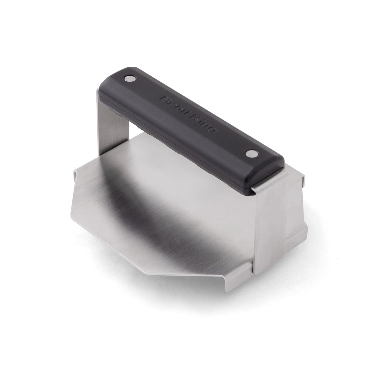 Stainless steel smash burger press with a black handle
