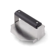 Stainless steel smash burger press with a black handle