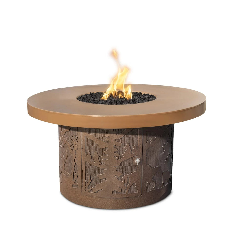 The Outdoor Plus Round Outback Fire Pit · GFRC Top & Powder Coat Base · Liquid Propane · Match Lit