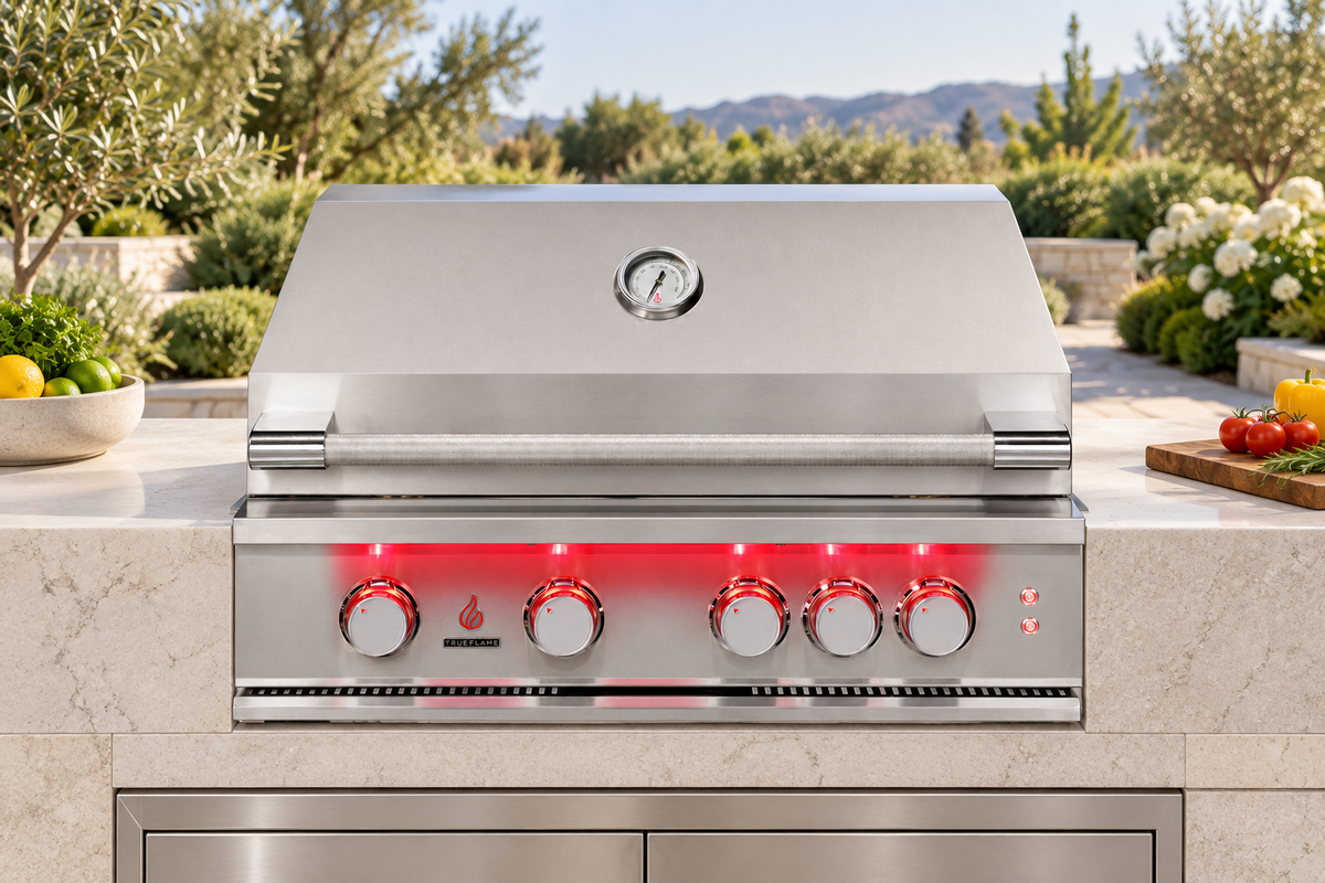 TrueFlame TF32 shown in an outdoor kitchen — illustrative setting; surrounding products sold separately