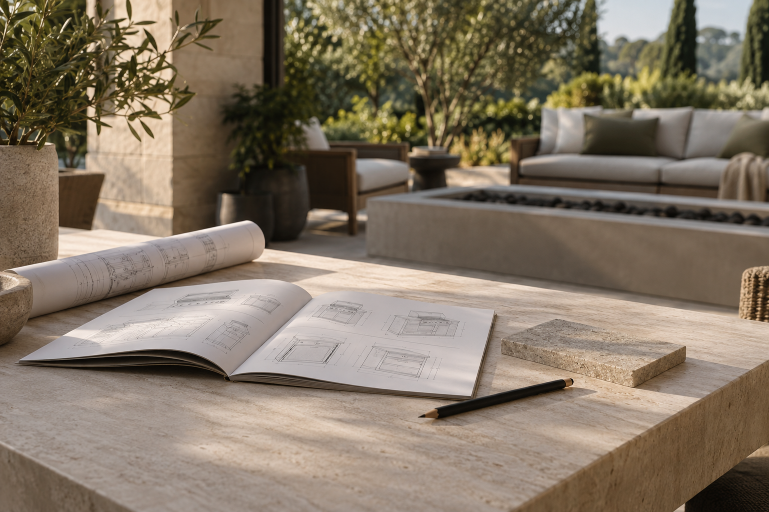 Product planning documents and material samples on an outdoor terrace