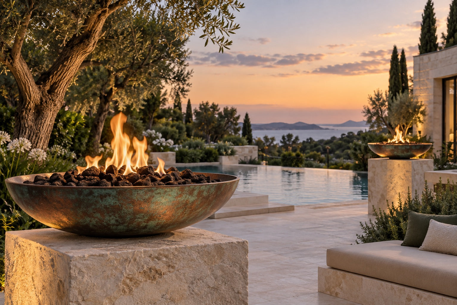 Outdoor fire bowl beside a seating area