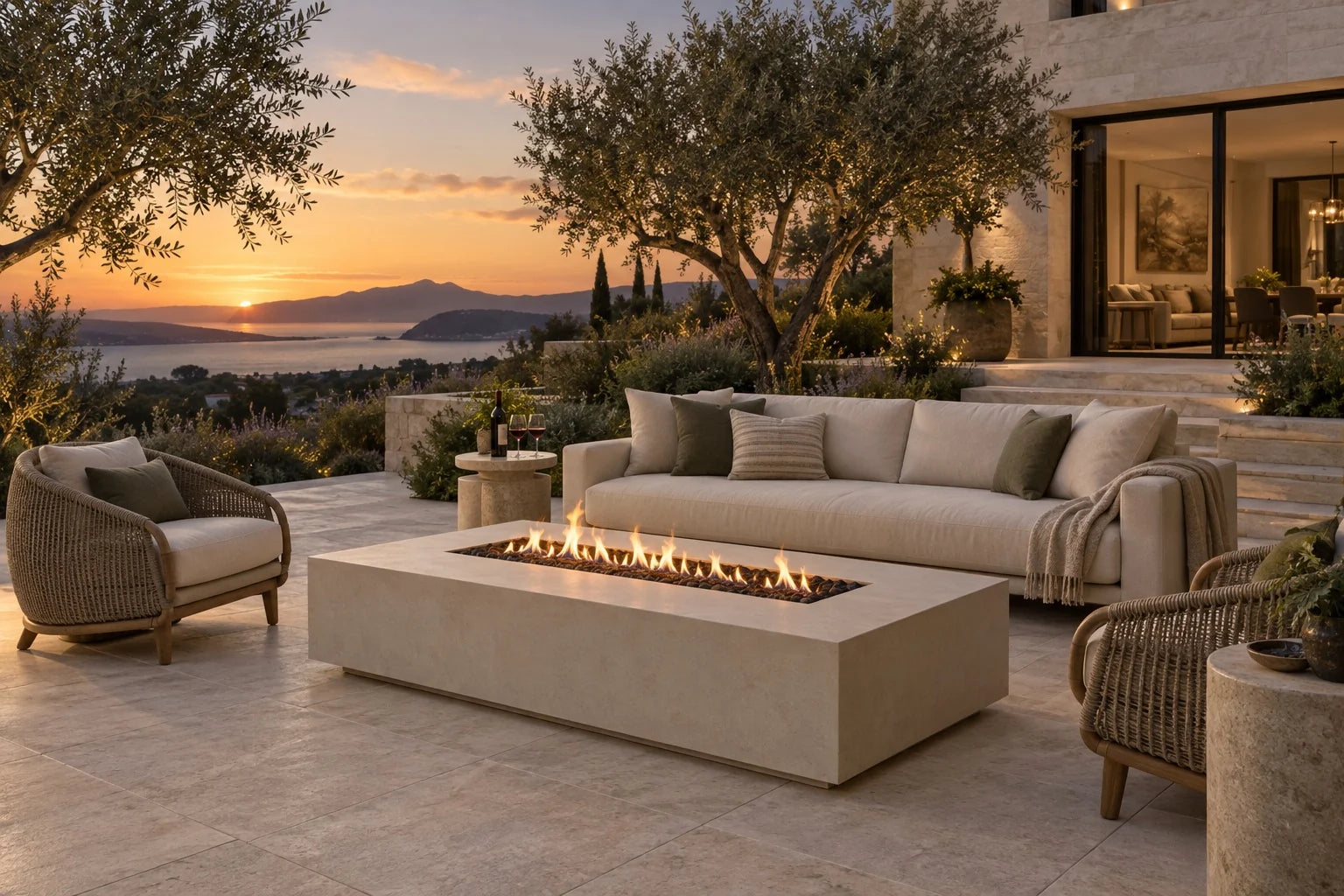 An open-air terrace arranged around a rectangular concrete fire table