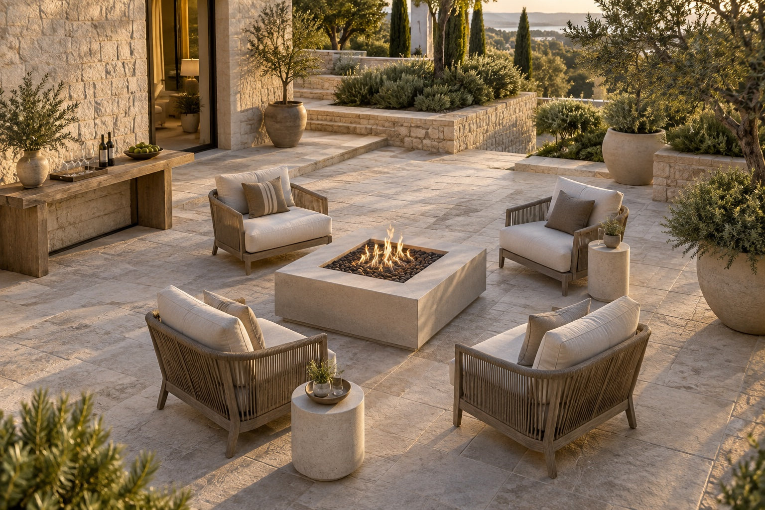 A spacious outdoor seating arrangement around a square fire table