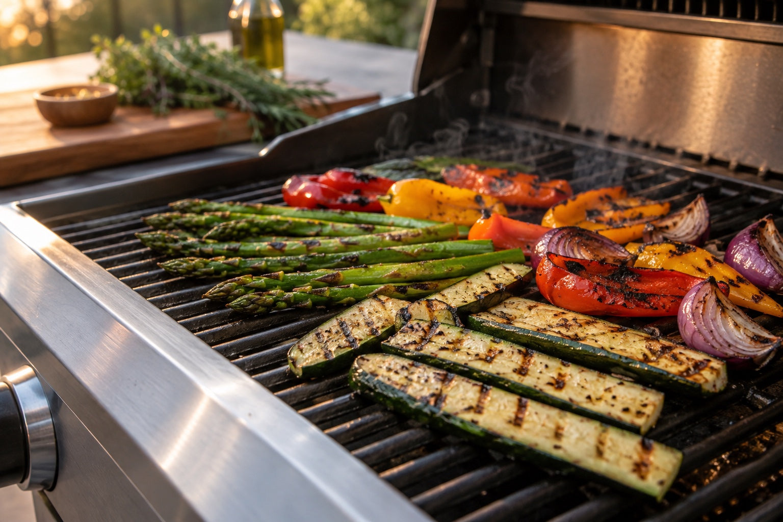 Fresh vegetables cooking on an outdoor grill