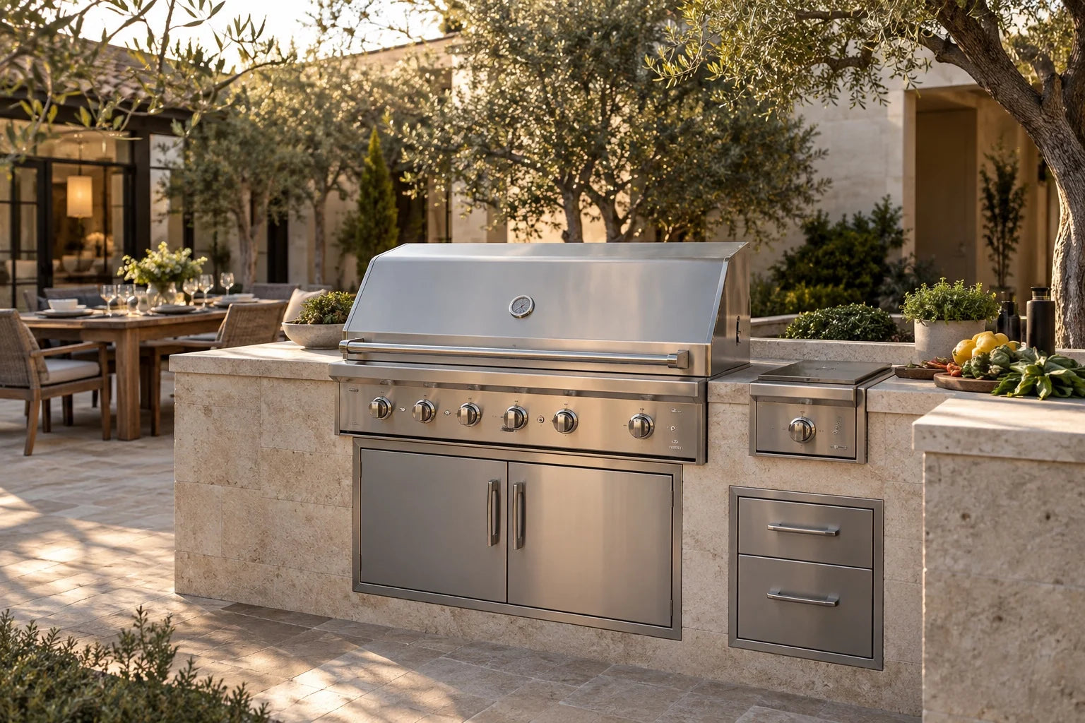 A stainless steel built-in grill in a sunlit stone courtyard kitchen