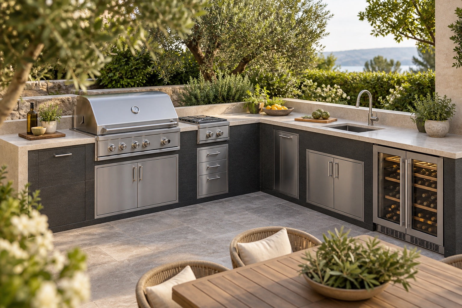 Outdoor kitchen inspiration with distinct grilling, preparation, sink and wine refrigeration areas