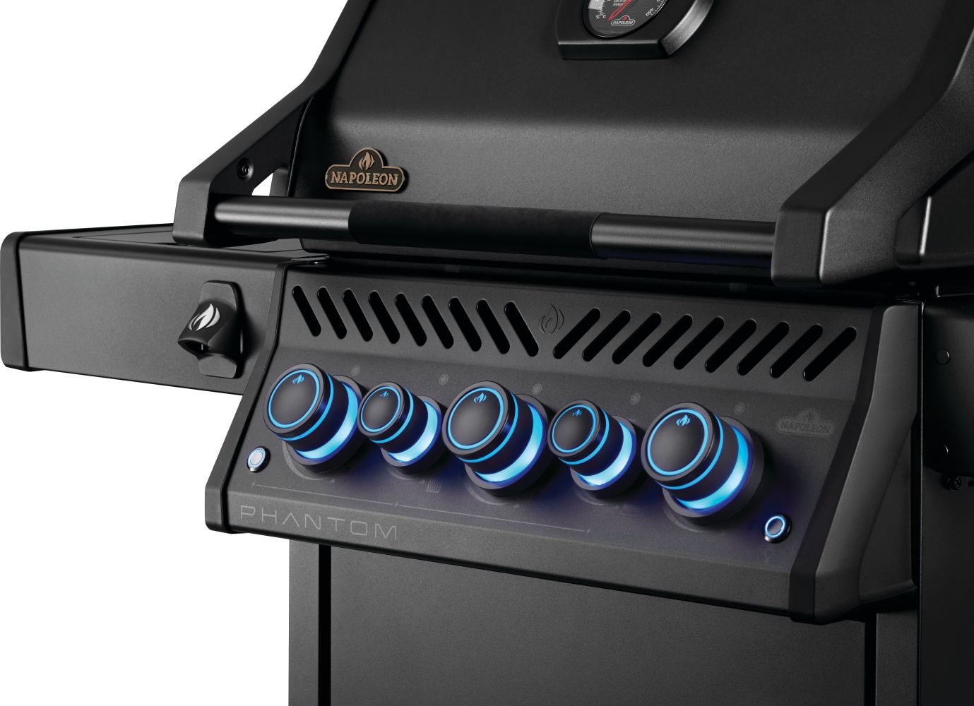 Close-up of illuminated blue controls on a Napoleon Phantom Rogue PRO-S grill