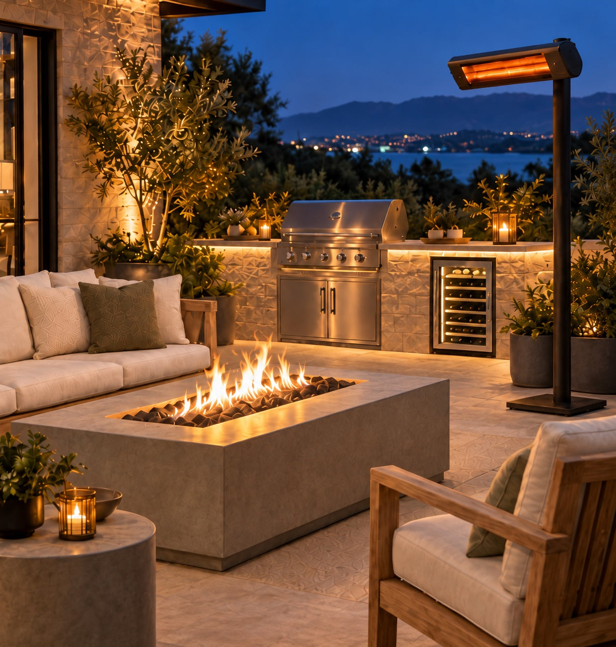 Outdoor kitchen, illuminated wine refrigerator, fire table and patio heater at dusk