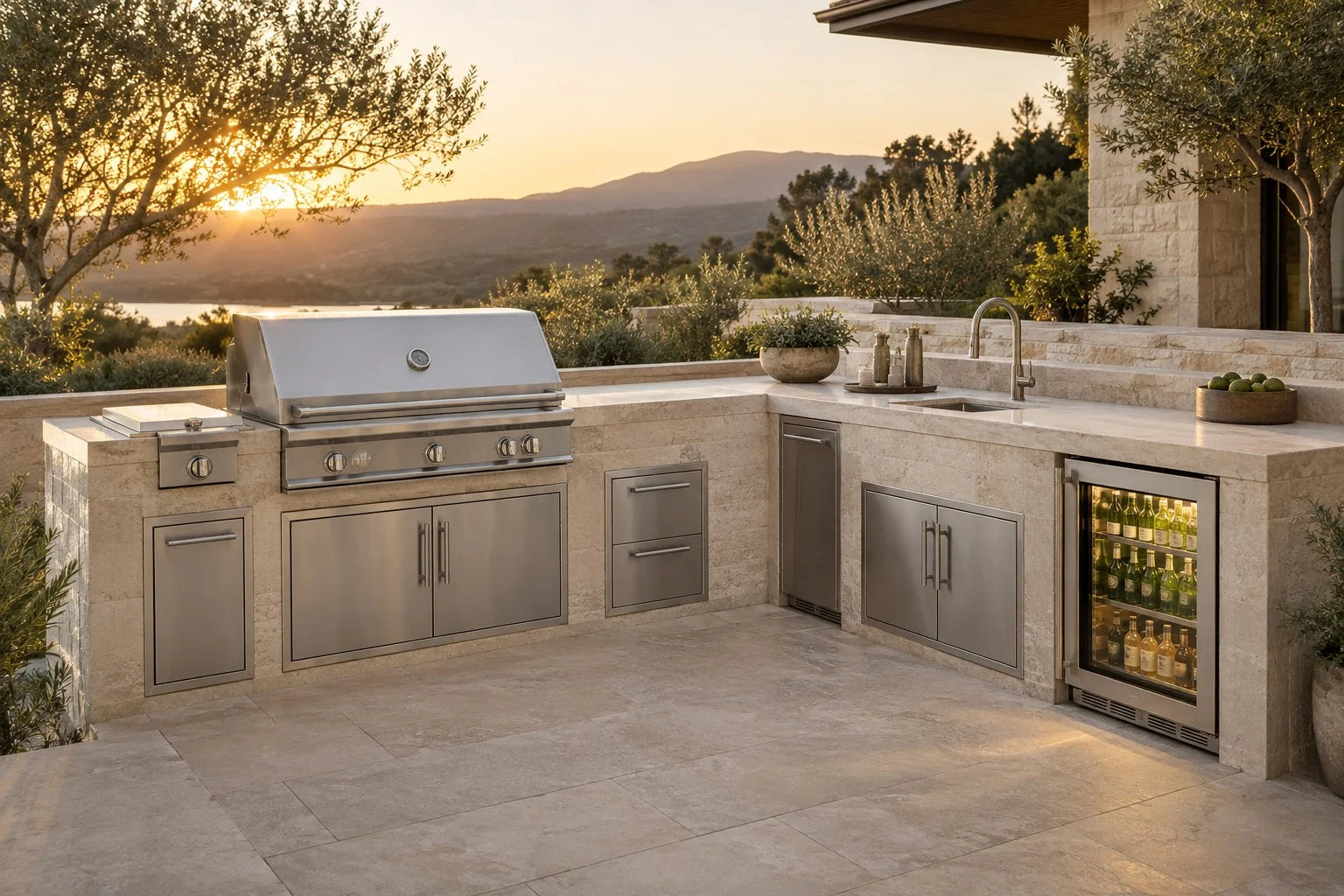 An outdoor kitchen with a built-in grill, side burner, sink, storage and illuminated beverage refrigerator